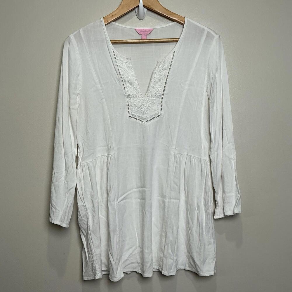 Lilly Pulitzer Lyndsea Long‎ Sleeve Notch Neckline Tunic Top SMALL Resort White
